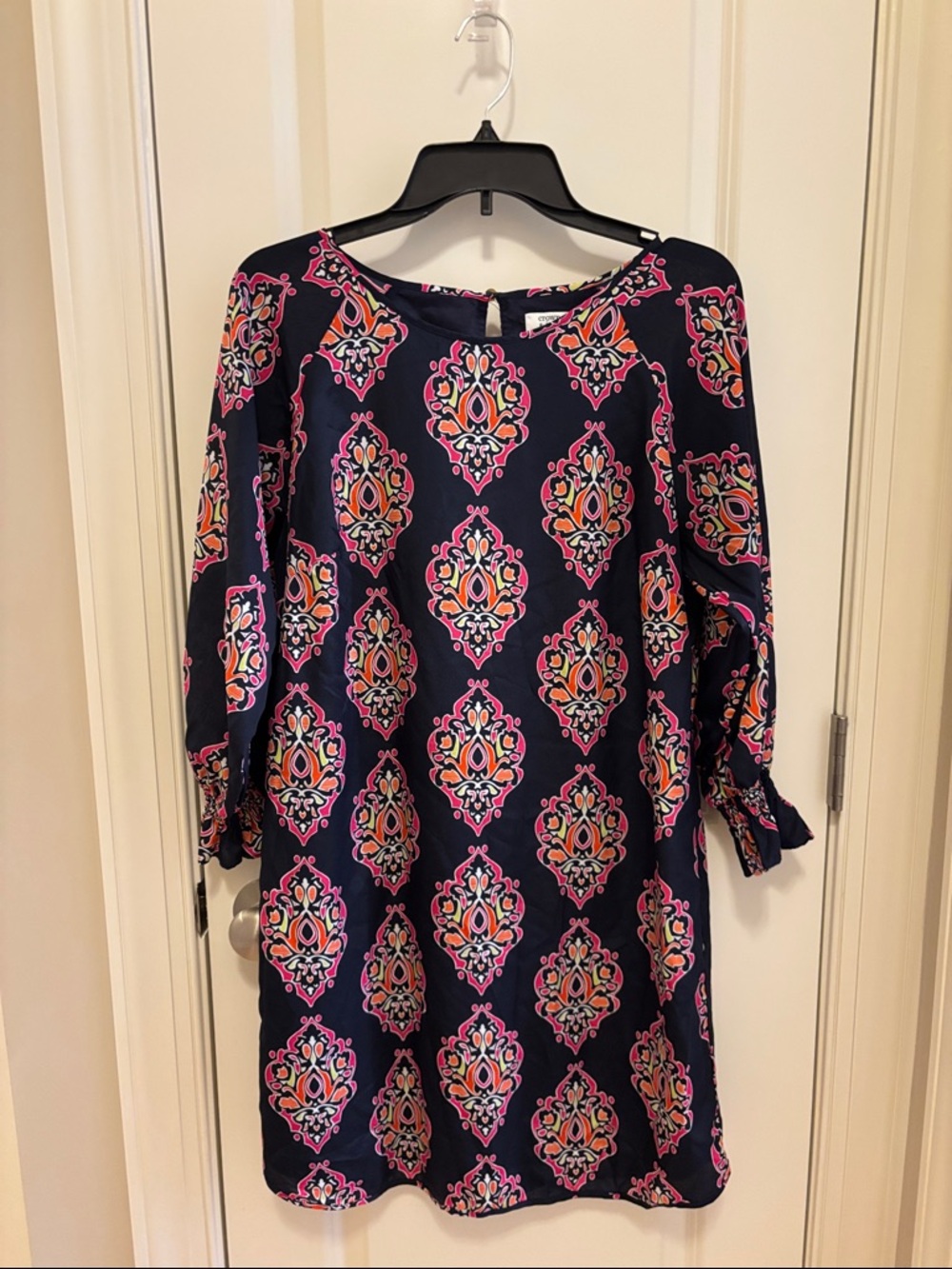 crown & ivy Navy Dress with Pink and Orange Medallion Print